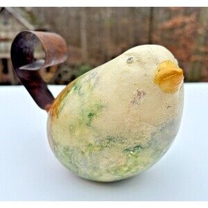 Folk Art Clay Art Pottery Bird Figure w/ Wrought Iron‎ Tail Handcrafted Mexico